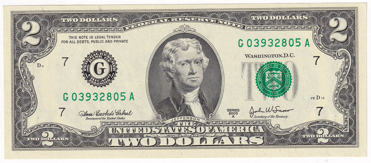 USA 2003A $2 Note, KL#4684G, Chicago, CUNC