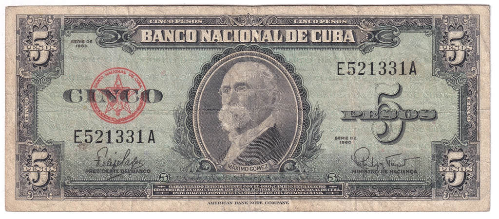 Cuba Note 1960 5 Pesos, VG-F