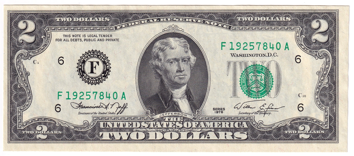 USA 1976 $2 Note, FR #1935F, Neff-Simon, Atlanta, CUNC