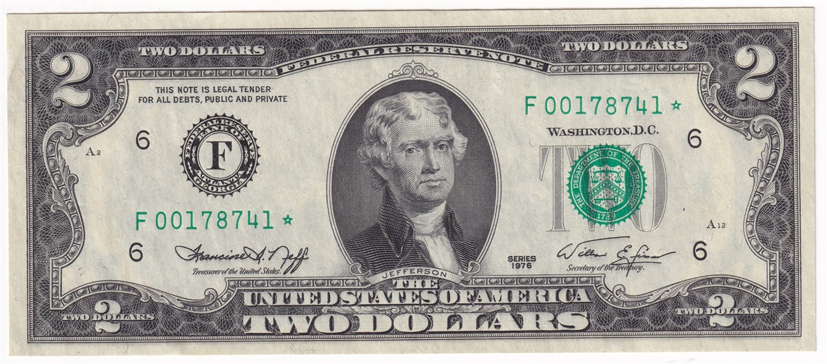 USA * 1976 $2 Note, FR #1935F, Atlanta Star, AU