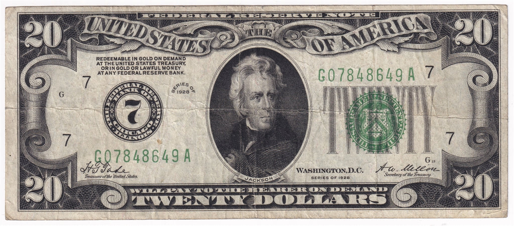 USA 1928 $20 Note, FR #2050G, Chicago, VF