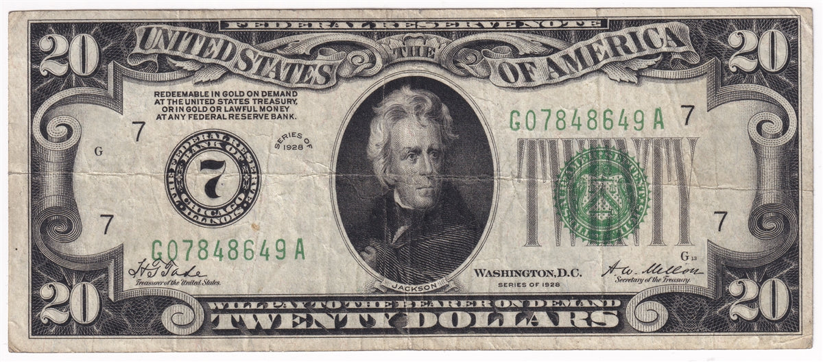 USA 1928 $20 Note, FR #2050G, Chicago, VF