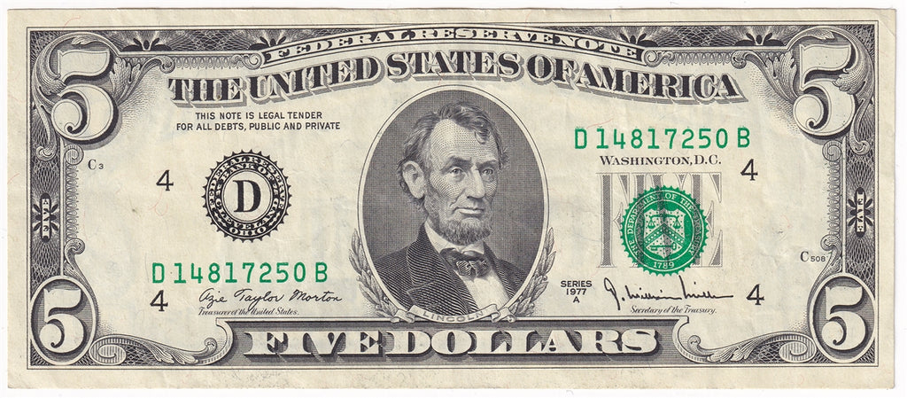 USA 1977A $5 Note, FR #1975D, Cleveland, Extra Fine