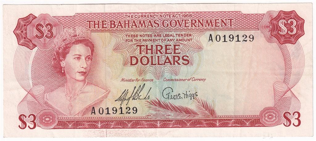 Bahamas 1965 3 Dollar Note, Pick #19a 2 Signatures, VF-EF