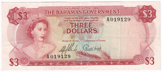 Bahamas 1965 3 Dollar Note, Pick #19a 2 Signatures, VF-EF