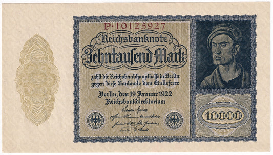 Germany 1922 10,000 Mark Note, Pick #72, AU-UNC