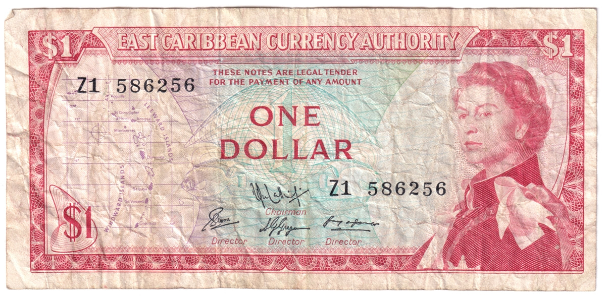 East Caribbean States 1965 1 Dollar Note, Pick #13f, Signature 9, Replacement, VF (stain)
