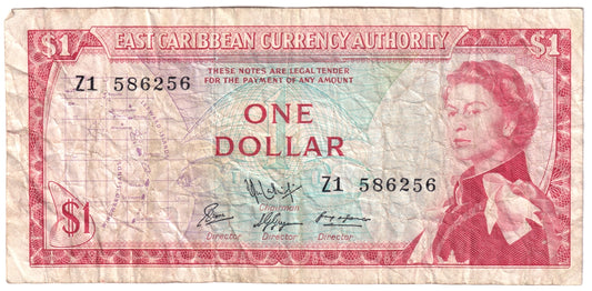 East Caribbean States 1965 1 Dollar Note, Pick #13f, Signature 9, Replacement, VF (stain)