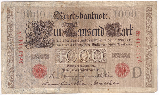 Germany 1910 1,000 Mark Note, Pick #44a, 6 Digit, F