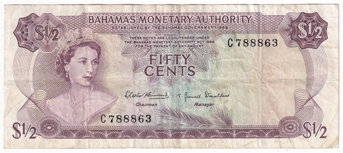Bahamas 1968 1/2 Dollar Note, Pick #26a, VF