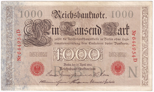 Germany 1910 1,000 Mark Note, Pick #44a 6 Digit, VF-EF