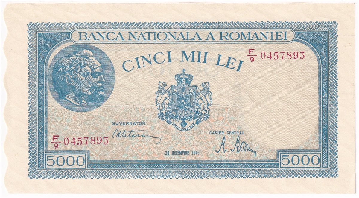 Romania Note Pick #56a 5000 Lei AU – Colonial Acres Coins