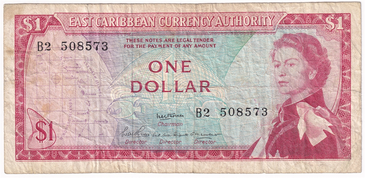 East Caribbean States 1965 1 Dollar Note, Pick #13a, Signature 2, F