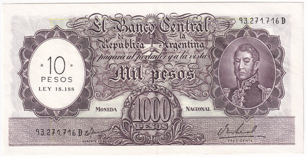 Argentina 1969-71 10 Pesos Note, Pick #284, EF-AU
