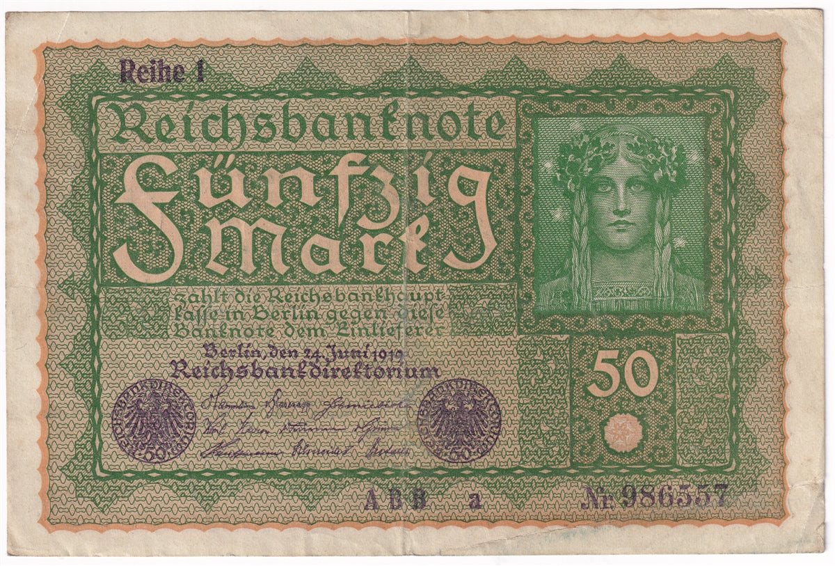 Germany 1919 50 Mark Note, Pick #66, VF
