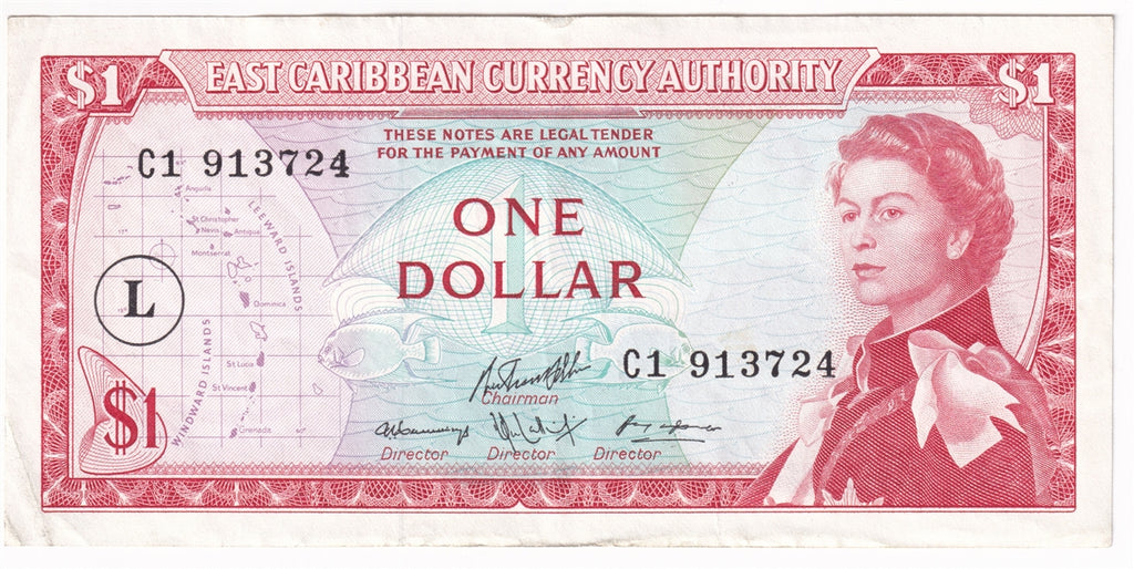 East Caribbean States 1965 1 Dollar Note, Pick #131 Signature 1, L Overprint, EF-AU