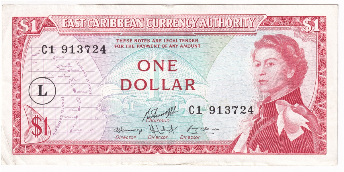 East Caribbean States 1965 1 Dollar Note, Pick #131 Signature 1, L Overprint, EF-AU