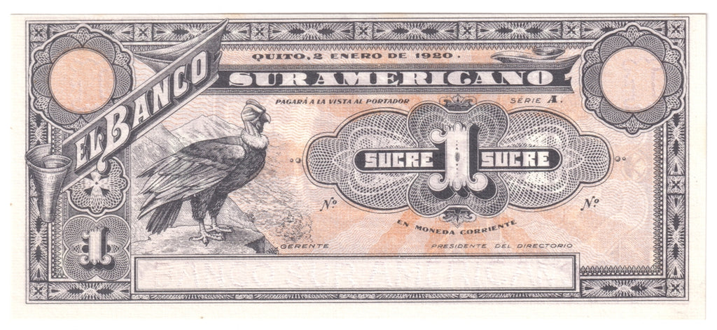Ecuador Note 1920 1 Sucre, Remainder, UNC