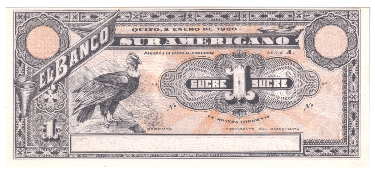 Ecuador Note 1920 1 Sucre, Remainder, UNC