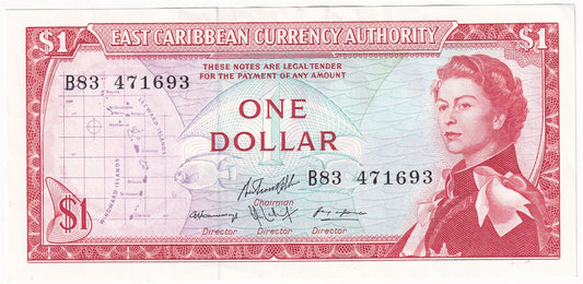 East Caribbean States 1965 1 Dollar Note, Pick #13g, Signature 10, AU-UNC