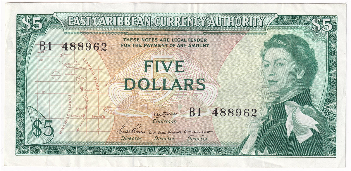 East Caribbean States 1965 5 Dollar Note, Pick #14b, Signature 2, VF-EF