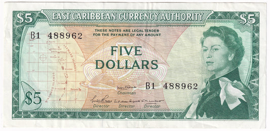 East Caribbean States 1965 5 Dollar Note, Pick #14b, Signature 2, VF-EF