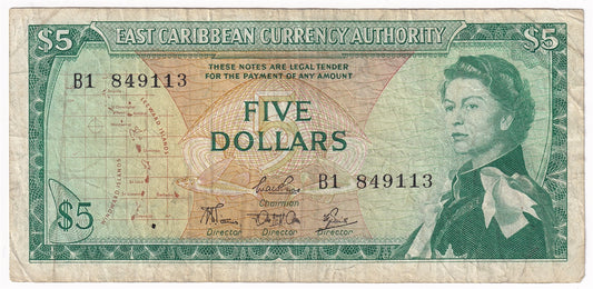 East Caribbean States 1965 5 Dollar Note, Pick #14d, Signature 4, VF