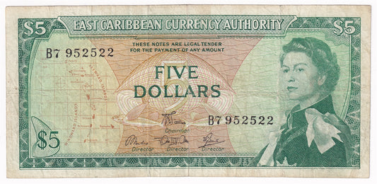East Caribbean States 1965 5 Dollar Note, Pick #14e, Signature 5, F