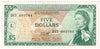 East Caribbean States 1965 5 Dollar Note, Pick #14m, L Overprint, AU
