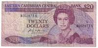 East Carbbean States 1987-88 20 Dollar Note, Pick #19a, F-VF
