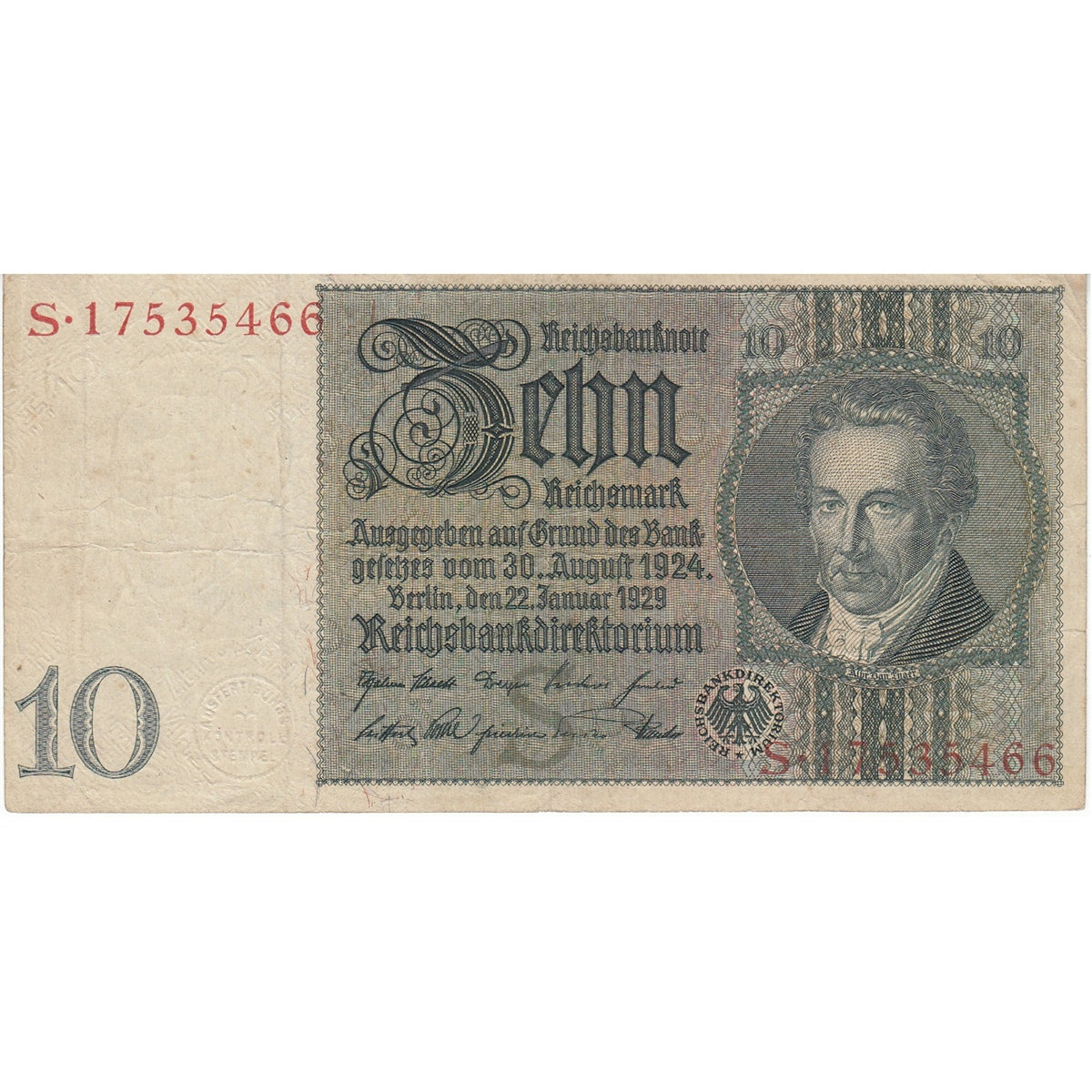Germany 1929 10 Reichsmark Note, Pick #180a, F-VF