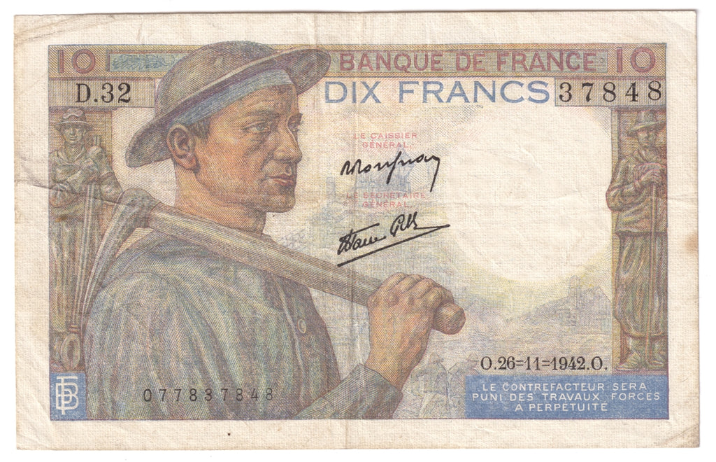 France Note 1942 10 Francs, VF
