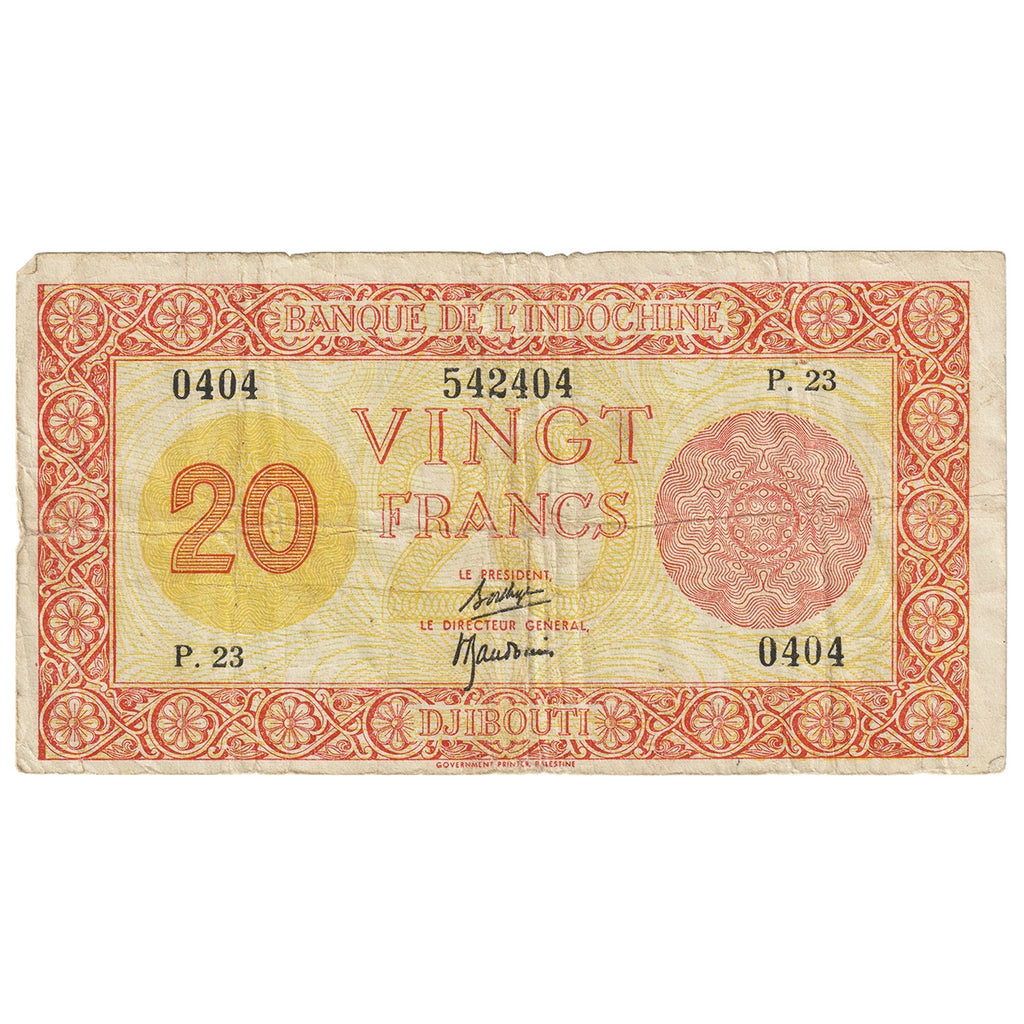 French Somaliland 1945 20 Franc Note, Pick #15, F