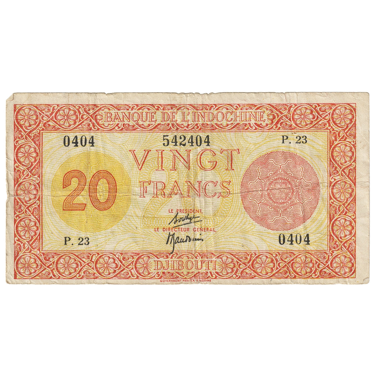 French Somaliland 1945 20 Franc Note, Pick #15, F