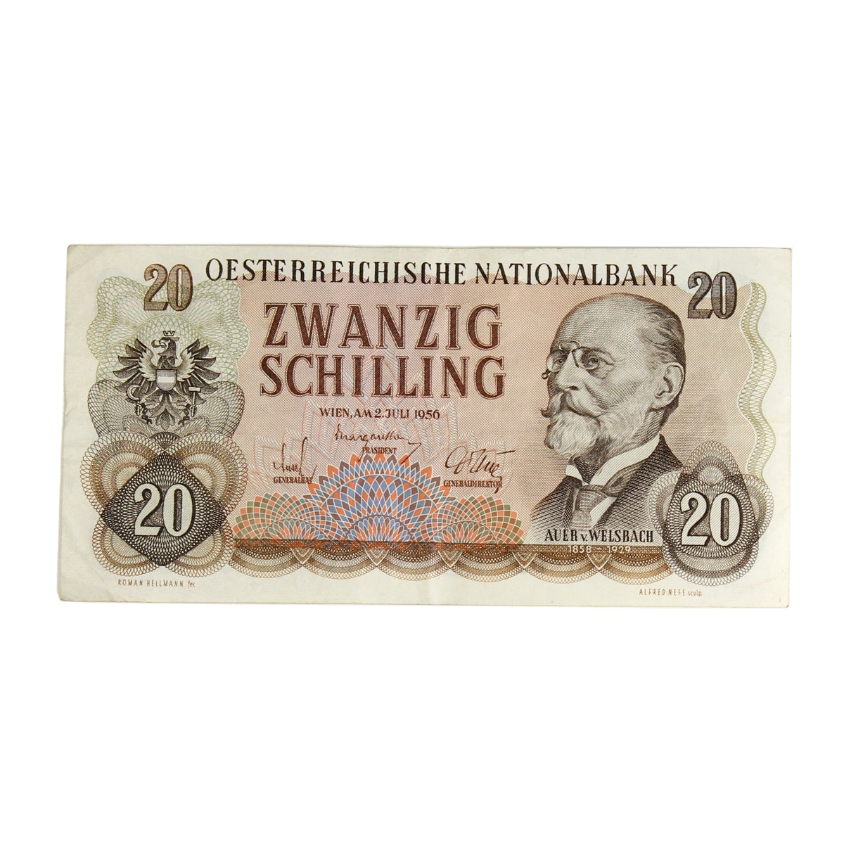 Austria 1956 20 Schilling Note, Pick #136, VF