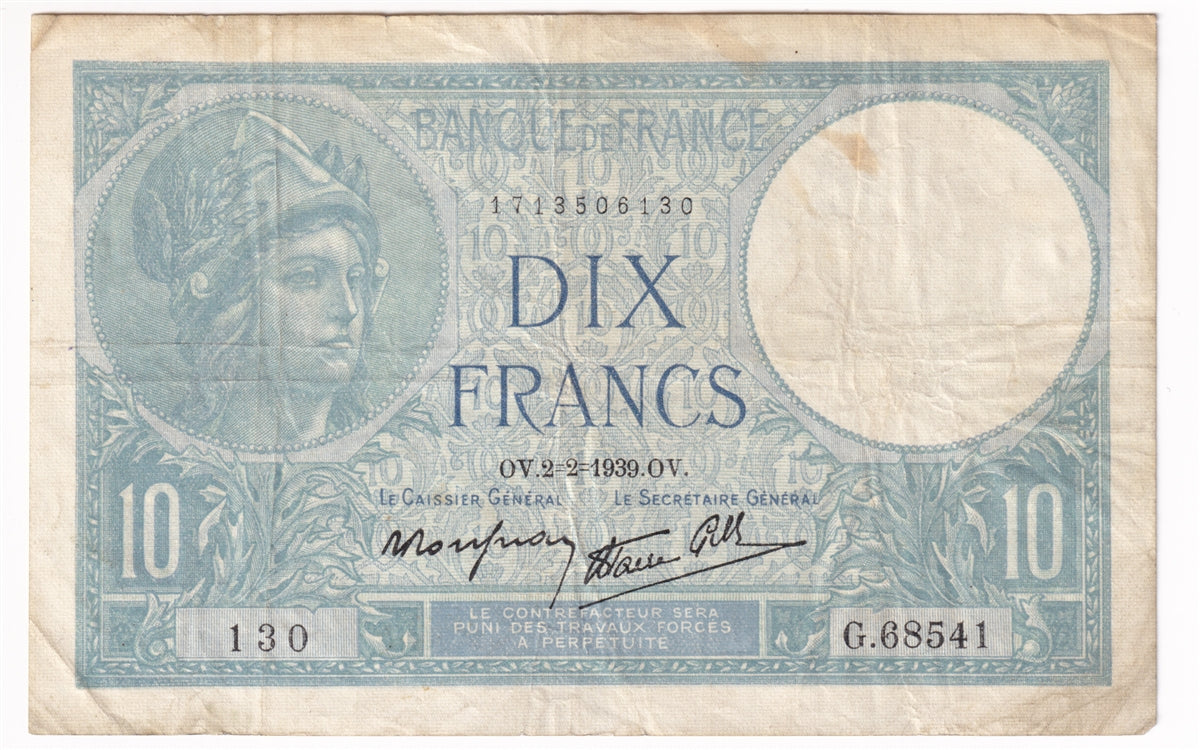 France Note 1939 10 Francs, VF