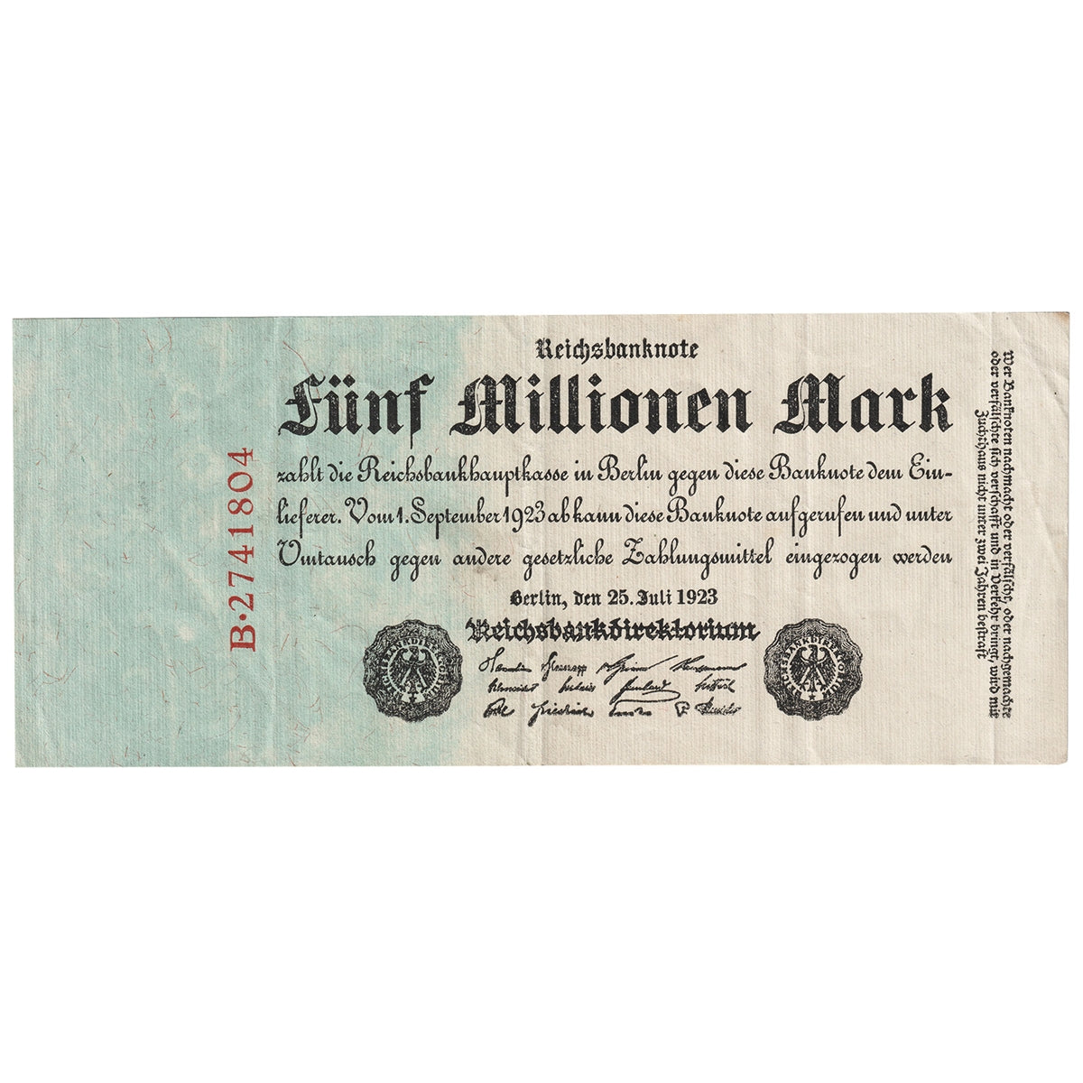 Germany 1923 5 Millionen Mark, Pick #95, VF-EF
