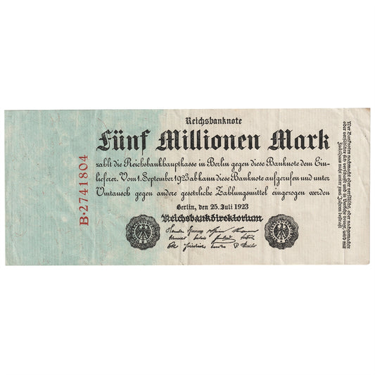 Germany 1923 5 Millionen Mark, Pick #95, VF-EF
