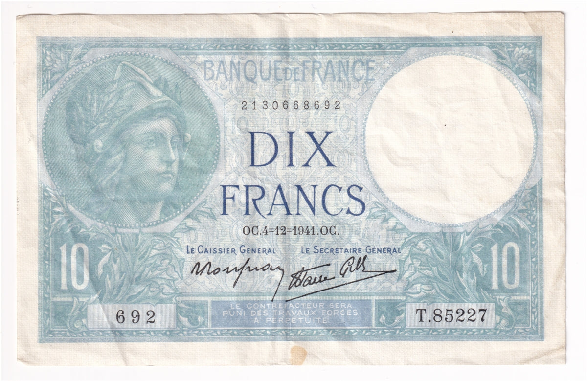 France 1941 10 Francs Note, Pick #84, VF