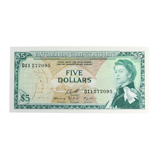 East Caribbean States 1965 5 Dollar Note, Pick #14h, Signature 10, UNC