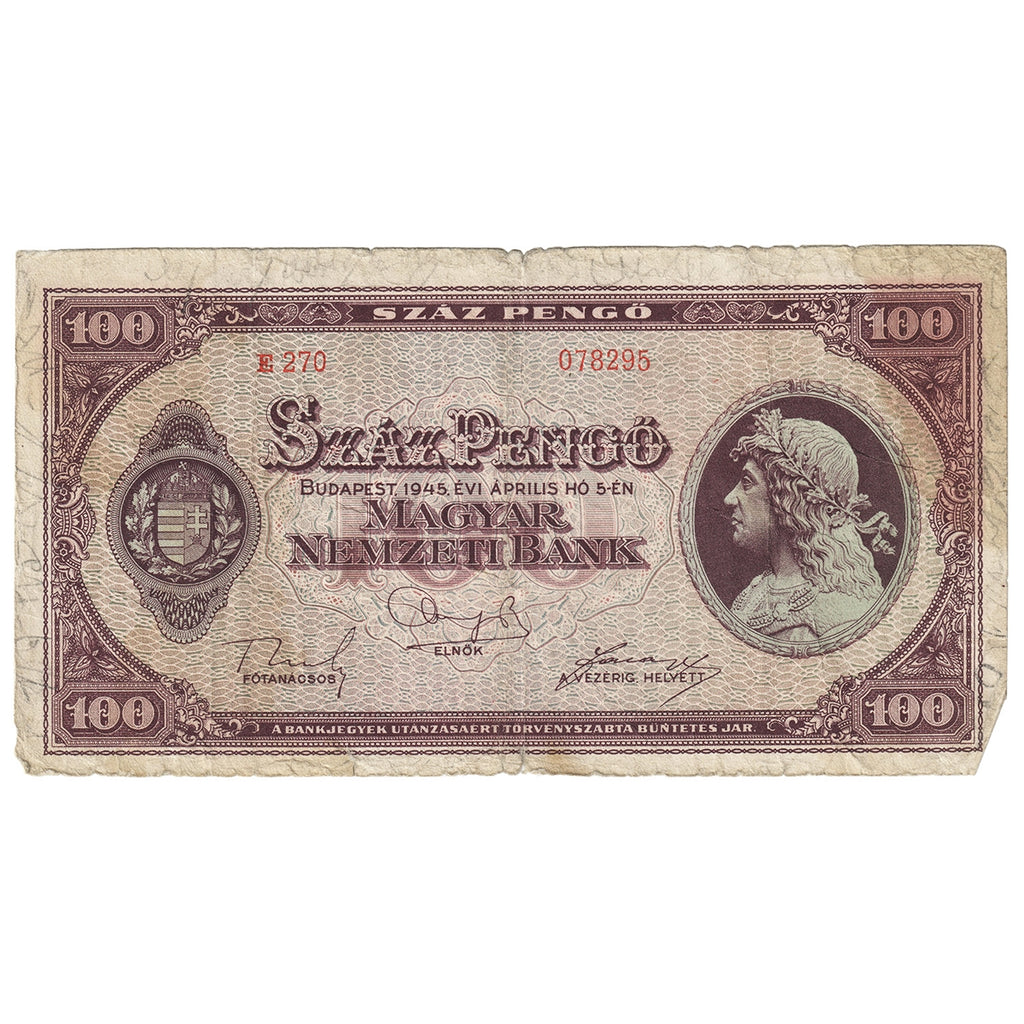 Hungary 1945 100 Pengo Note, Pick #111b, CIRC