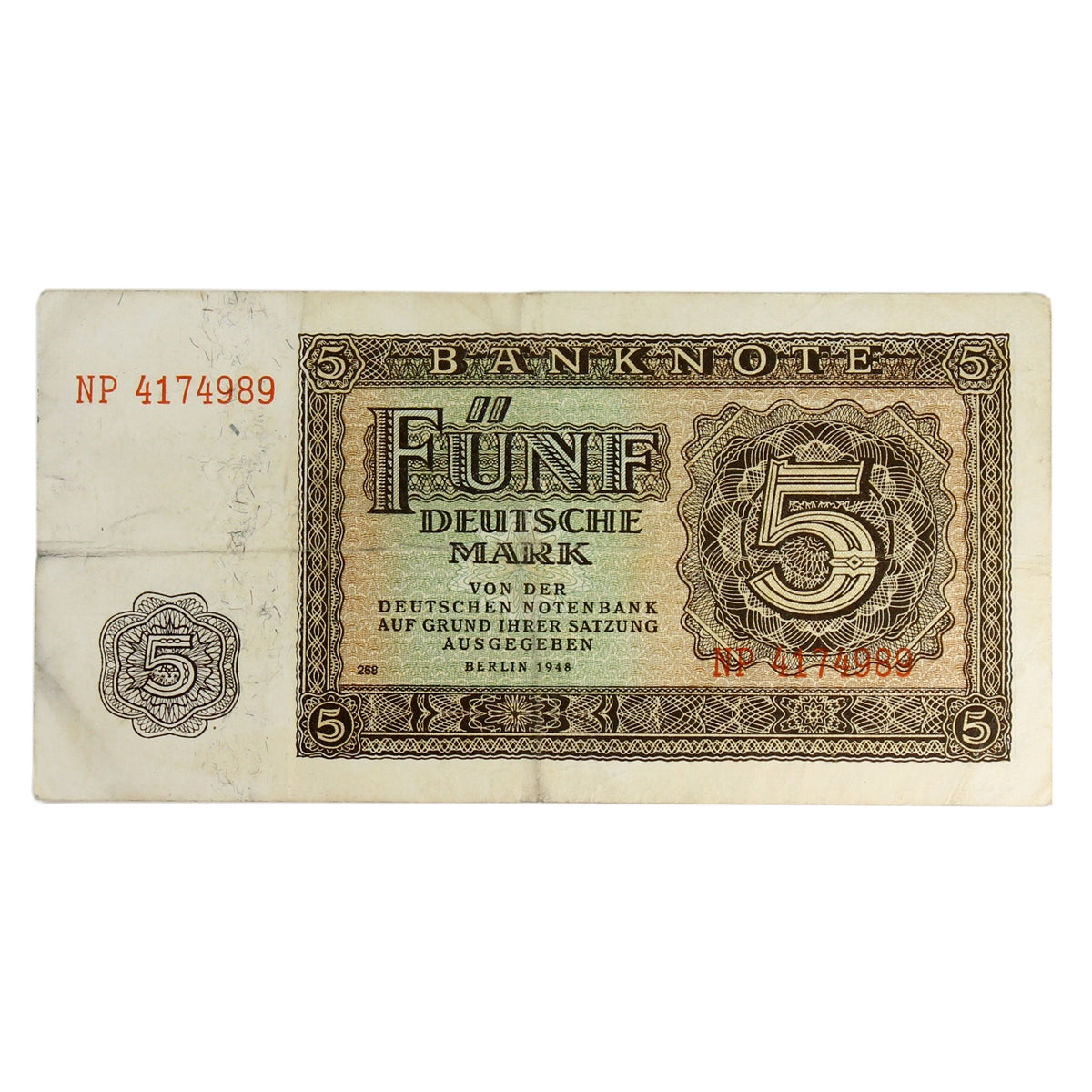 Germany 1948 5 Deutsche Mark Note, Pick #11b, 7 Digits, VF
