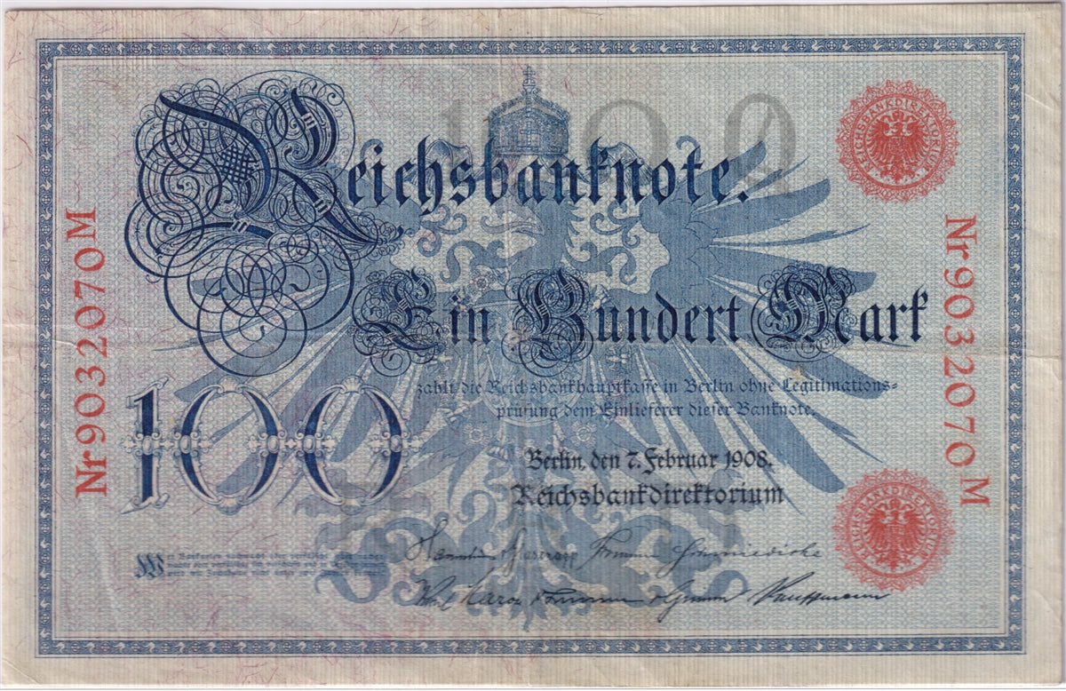 Germany 1908 100 Mark Note, Pick #33a, Red, VF (hole)