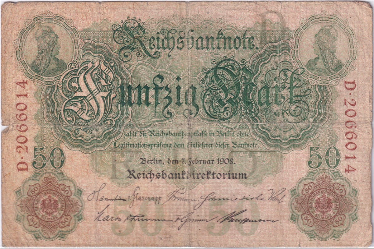 Germany 1908 50 Mark Note, Pick #32, VG (damaged)
