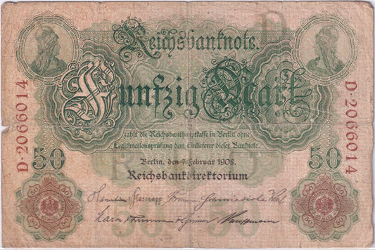 Germany 1908 50 Mark Note, Pick #32, VG (damaged)