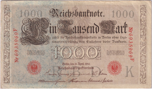 Germany 1910 1,000 Mark Note, Pick #44b, F-VF (tear)