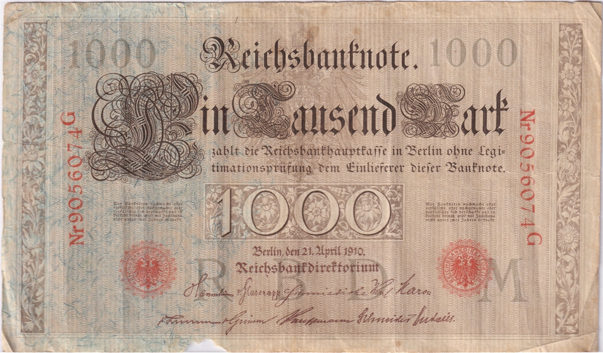 Germany 1910 1,000 Mark Note, Pick #44b, VF (Damaged)