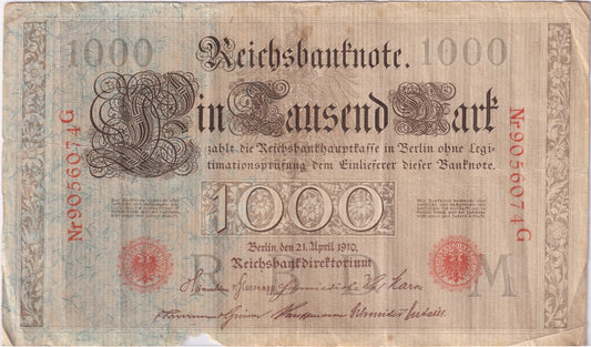 Germany 1910 1,000 Mark Note, Pick #44b, VF (Damaged)