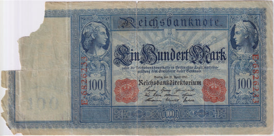 Germany 1910 100 Mark Note, Pick #42, VF (damaged)