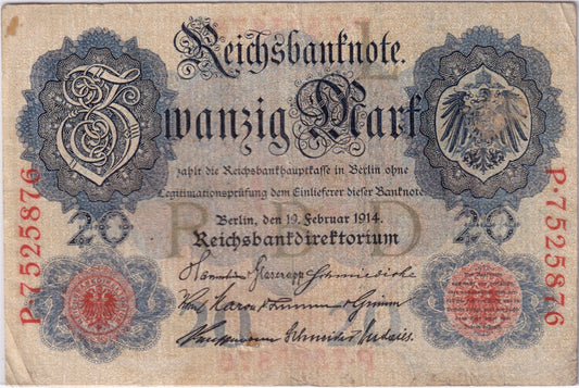 Germany 1914 20 Mark Note, Pick #46b, F-VF (hole)